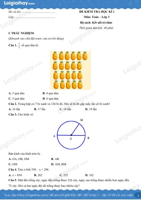 Đề kiểm tra học kì 1 Toán 3 Kết nối tri thức - Đề số 7